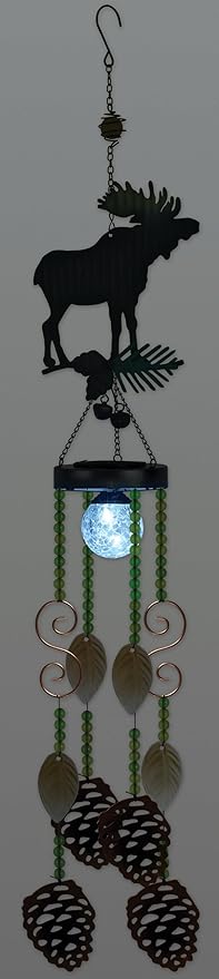 Sunset Vista Designs Wildlife Windchimes - Solar Lighted Wind Chime Indoor Outdoor, 33" Long, Moose