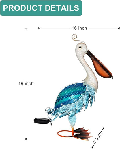 HONGLAND Solar Metal Pelican Statues Garden Sculpture & Statues, 19 Inch Glass Outdoor Pelican Yard Art Coastal Ocean Bird Decor Lawn Ornament for Backyard Porch Patio Decor（Blue）