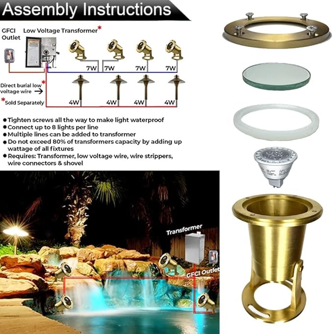 Waterproof Underwater Light 176 Solid Brass 7W MR16 LED Bulb Pond Light Submersible Waterfall Pool Fountain for Beautiful Bright Long Lasting Home Garden Patio Pool