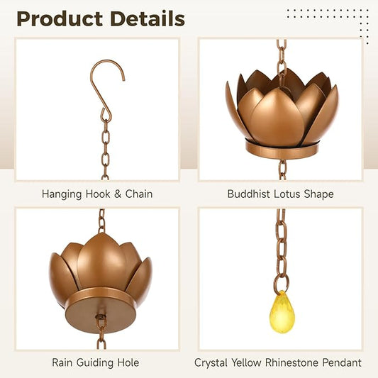 3.9 Ft Rain Chain, Lotus Cup for Gutters, 5 Red Copper Cups and Yellow Crystal Pendant, Downspout Replacement