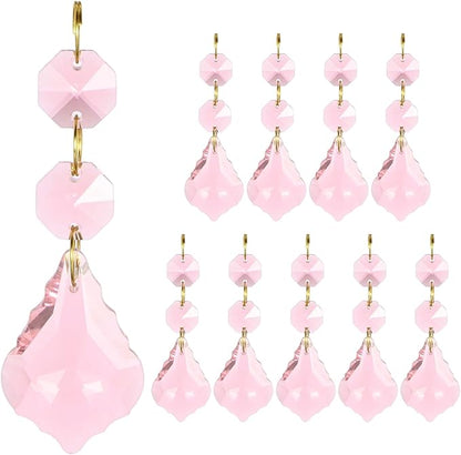 M METERXITY 10PCS Crystal Suncatcher 2 Leaves Prisms Pendants Ornament, 38mm Chandelier Hanging Crystal Sun Catcher Beads for Home Garden Windows Wedding DIY Decoration [Pink]