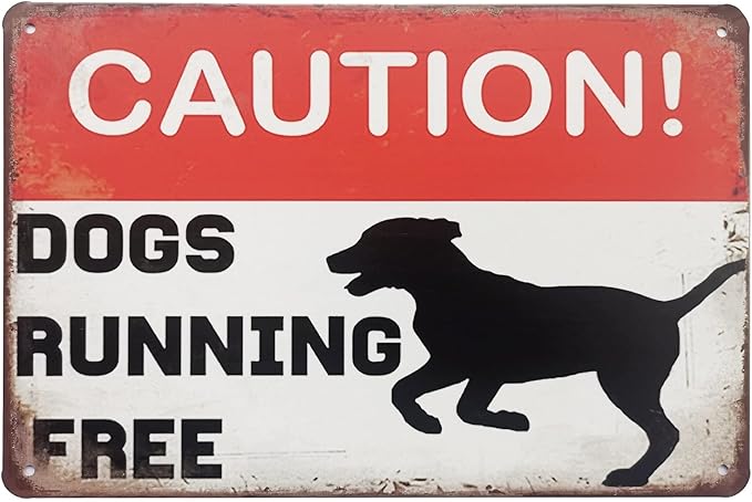 ERLOOD Caution Dogs Running Free Metal Tin Sign Funny Outdoor Road Yard Outside Sign Vintage Decor 12 X 8