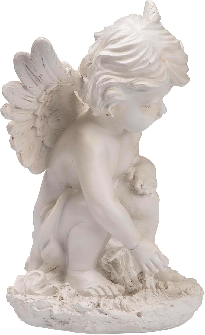 Northlight Heavenly Gardens Distressed Sitting Cherub Angel Outdoor Patio Statue, 12", Distressed Ivory White