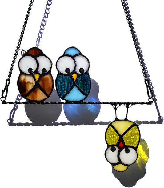 Owl Bird Gifts for Bird Lovers Stained Glass Suncatchers for Windows,Birds Decor Stained Glass Window Hangings,Owls Ornament Housewarming Gift Owls Gifts for Women Owl Lover