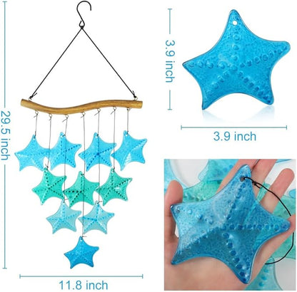 Vindar 28" Blue Starfish Glass Wind Chimes, Outdoor & Indoor Decor, Memorial Gift, Weather Resistant