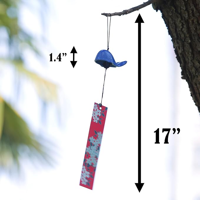 Japanese Wind Chime Cast-Iron Outdoor Ornament for Garden, Patio & Balcony, Hanging Metal Wind-Bell Decoration Gift, Blessing Pendant Windchimes & PVC Wind-Catcher, Blue Whale