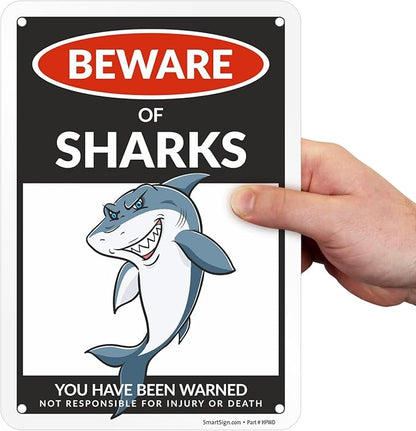 SmartSign Funny Beware Of Sharks Warning Sign - 10"x7", 40 mil Laminated Rust-free Aluminum - Metal Signs for Boys Room Wall Decor, Outdoors, Patio, Gifts, Cafe - Sharks Theme, Made in USA