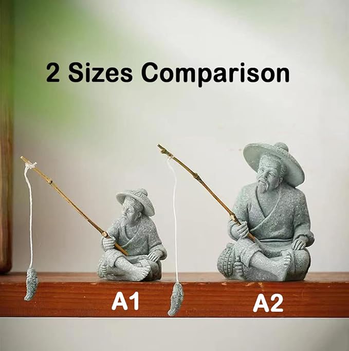 livelyfish Mini Fisherman Statue Asian Zen Decoration Sitting Fishing Figurines Sandstone Vintage Ornament for Aquarium Fish Tank Pot Garden Home Japanese Decor (A2)