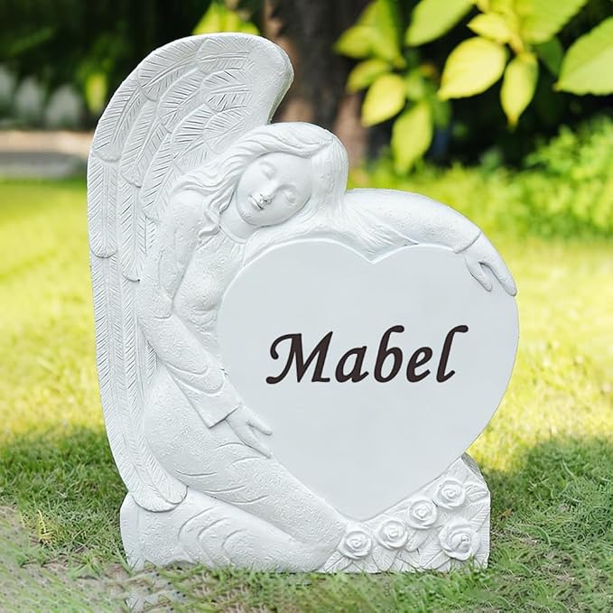 Personalized Memorial Garden Stones Angel Stones Engraved with Any Word - Outdoor Grave Markers Cemetery Stones Memorial Plaques with Angel Statue for Sympathy Gifts