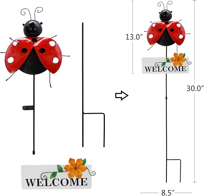 Garden Decor Metal Welcome Yard Stakes Spring Lawn Art Patio Decorative Plant Stake for Flower Pot Pathway Porch Backyard Indoor Outdoor Decoration (Ladybug)