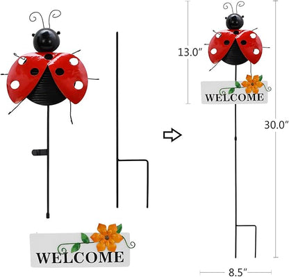 Garden Decor Metal Welcome Yard Stakes Spring Lawn Art Patio Decorative Plant Stake for Flower Pot Pathway Porch Backyard Indoor Outdoor Decoration (Ladybug)