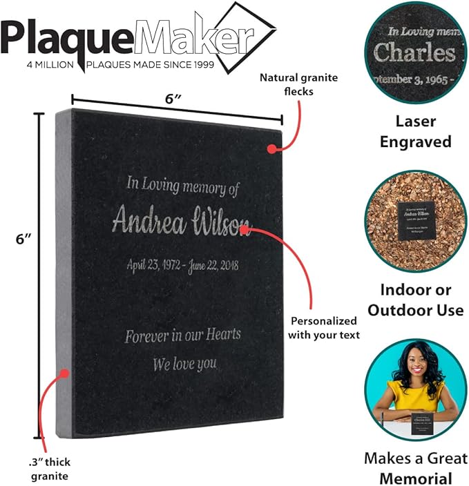Customized In Loving Memory Black Granite Memorial or Sympathy Gift. Offered in a Variety of Sizes to Meet your Needs and Budget (6 x 6 x .4")