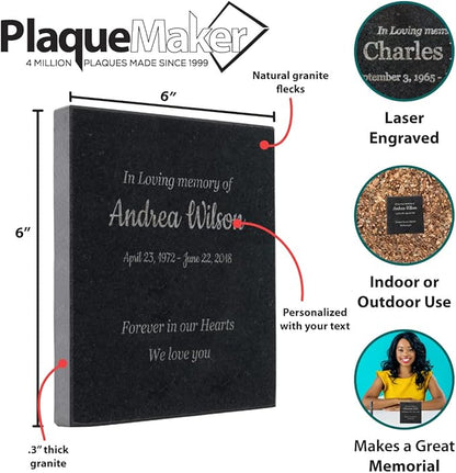 Customized In Loving Memory Black Granite Memorial or Sympathy Gift. Offered in a Variety of Sizes to Meet your Needs and Budget (6 x 6 x .4")