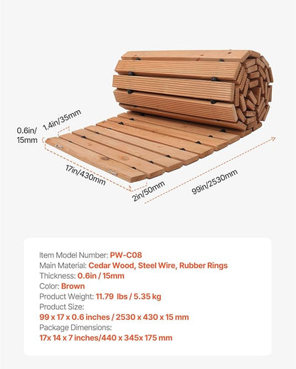 Happybuy Wooden Garden Pathway, 8 ft x 17 in, Non-Slip Curved Walkway. Roll Out Cedar Outdoor Path with Wire Rope Connection. Decorative for Backyard Boardwalk Wedding Party.