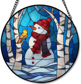 Stained Glass Window Hanging - Christmas Snowman & Bird on Birch Tree Branch Sun Catchers Panel for Indoor Decorative Display for Mom, Wife, Lovers, Festive
