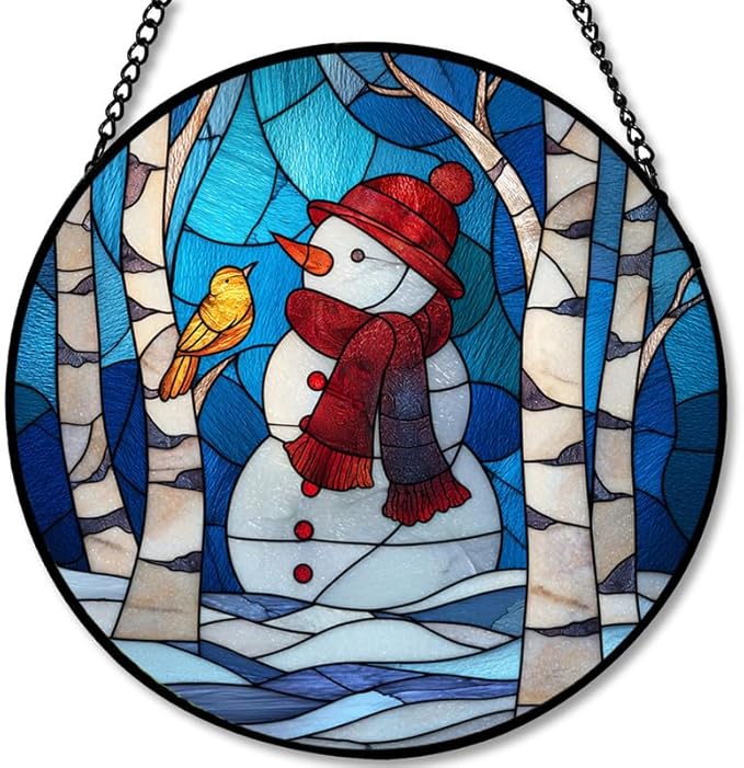 Stained Glass Window Hanging - Christmas Snowman & Bird on Birch Tree Branch Sun Catchers Panel for Indoor Decorative Display for Mom, Wife, Lovers, Festive