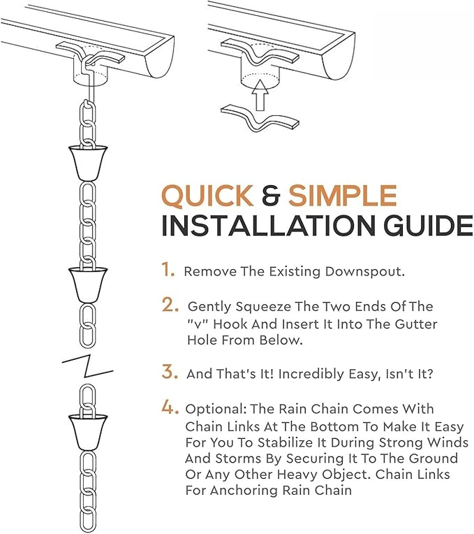 8.5’ Long Copper Rain Chain, Decorative Cups & Chimes, Gutter Downspout Replacement, Water Diverter for Home, Pot Style, Universal Fit