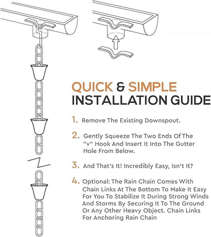 8.5’ Long Copper Rain Chain, Decorative Cups & Chimes, Gutter Downspout Replacement, Water Diverter for Home, Pot Style, Universal Fit