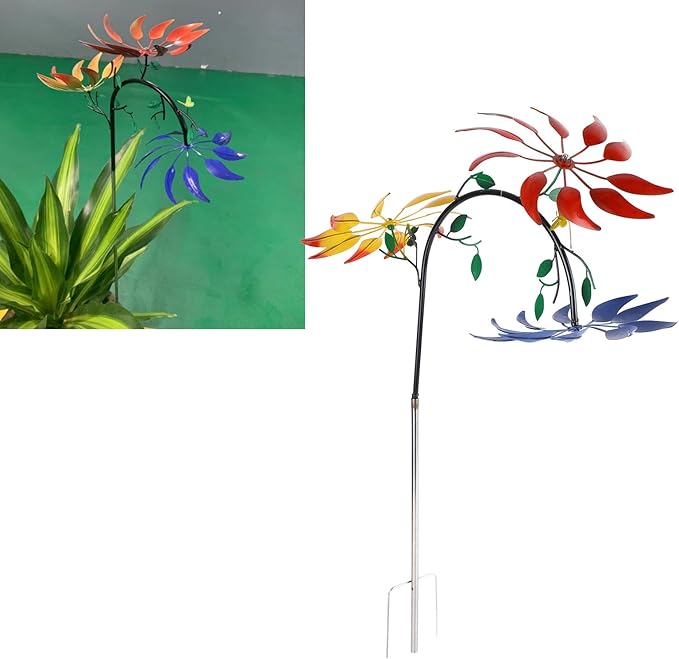 Diydeg Wind Spinner, Iron Three Moving Flowers Bright Colors Colorfast Garden Wind Spinner Rustproof Easy to Assemble Garden Windmill