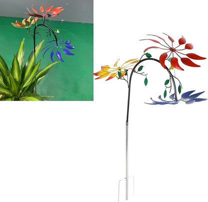 Diydeg Wind Spinner, Iron Three Moving Flowers Bright Colors Colorfast Garden Wind Spinner Rustproof Easy to Assemble Garden Windmill