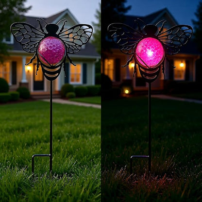 Bee Solar Lights Outdoor Decorations, 2 Pack Metal Iron Solar Stake Lights for Yard, Garden, Lawn Decor