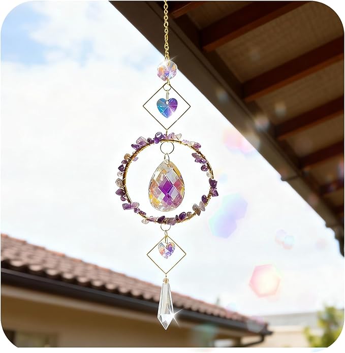 Crystal Wind Chimes Suncatcher, Window Prism Hanging Decor with Rainbow Maker Feature, Metal Frame Crystal Design for Indoor Outdoor Spaces, Home Garden Gifts Idea