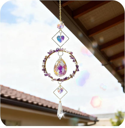 Crystal Wind Chimes Suncatcher, Window Prism Hanging Decor with Rainbow Maker Feature, Metal Frame Crystal Design for Indoor Outdoor Spaces, Home Garden Gifts Idea