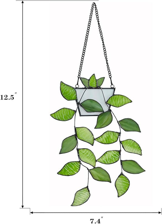 Stained Glass Leaf Hanging with Metal Chain, Green Window Decoration for Home, Gift for Mom, Father & Nature Lovers.