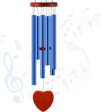 Leinuosen Wind Chimes for Outside Wind Chimes Outdoors Deep Tones 28" with 6 Aluminum Tubes Memorial Sympathy Windchime for Valentine Tree Decor Garden Courtyard Mom Loved One Gifts(Heart,Blue)