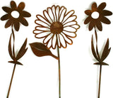 Metal Rustic and Colorful Flower Stakes Ranging from 9.5 to 36 Inches Tall (Daisy + 2 Twisted Daisy Stake Set, Naturally Rusted)