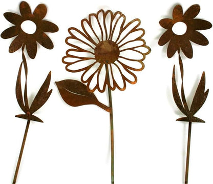 Metal Rustic and Colorful Flower Stakes Ranging from 9.5 to 36 Inches Tall (Daisy + 2 Twisted Daisy Stake Set, Naturally Rusted)