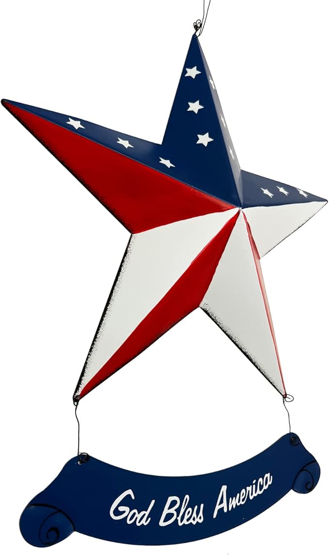 Rustic Metal 3D Barn Americana Stars, Patriotic USA Flag Wall Star with God Bless America Sign, July 4th Country Decor for Indoor & Outdoor Wall Decoration