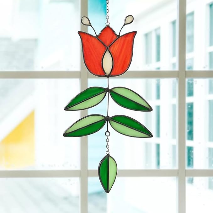 Tulip Acrylic Suncatcher Vintage Flower Window Hanging Decor Colorful Sun Catcher Modern Folk Art Home Decoration for Windows Patio Indoor Spaces Hanging Ornament 9.8" x 4.7"