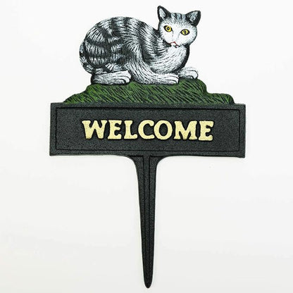 Sungmor Vintage Farmhouse Decorative Garden Stake Welcome Sign, 12" Tall Heavy Duty Sturdy Cast Iron Lovely Cat Statue, Indoor Outdoor Garden Pots Lawn Patio Courtyard Landscaping Decor Funny Stakes