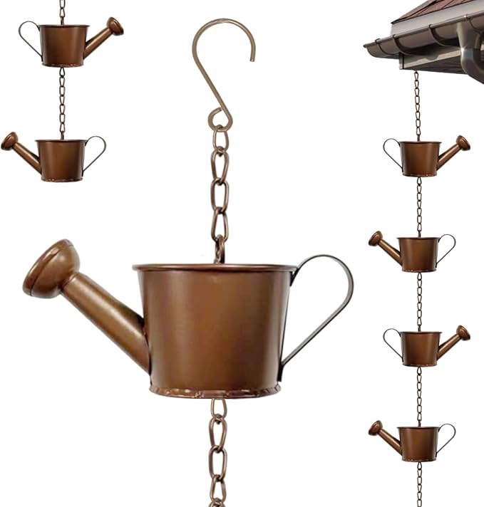 Metal Watering can Rain Chain for Gutters, Rust Resistant Outdoor Rain Catcher, Perfect for Heavy Rain, Indoor/Outdoor Decoration, Dark Bronze Finish