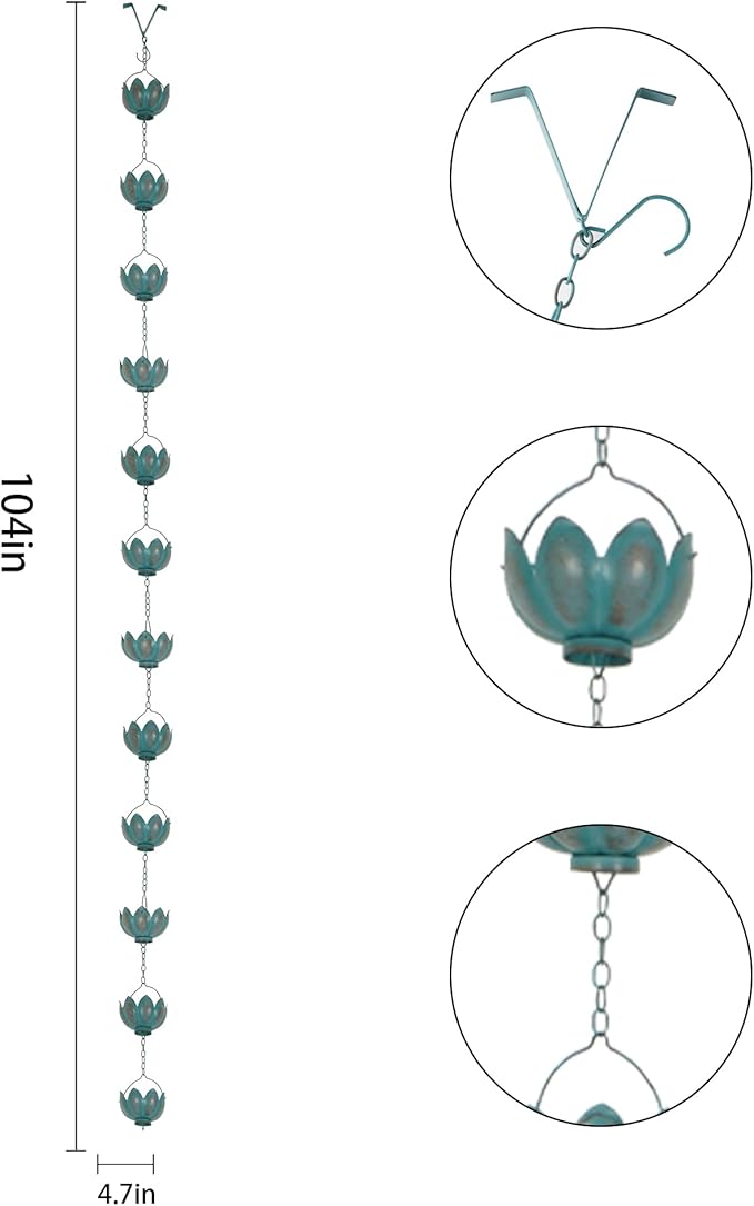 Topadorn 8.5 FT Rain Chain Iron Gutter Chains with 12 Rain Collector Thick Iron Flower Cups Garden Decoration,Lake Blue