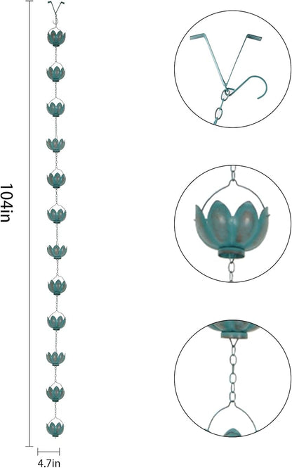Topadorn 8.5 FT Rain Chain Iron Gutter Chains with 12 Rain Collector Thick Iron Flower Cups Garden Decoration,Lake Blue