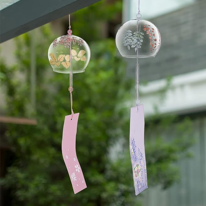 BENECREAT 2PCS Japanese Wind Chimes Pink & Purple Glass Wind Bells Handmade Pendants for Birthday Gift, Home Christmas Party Decorations