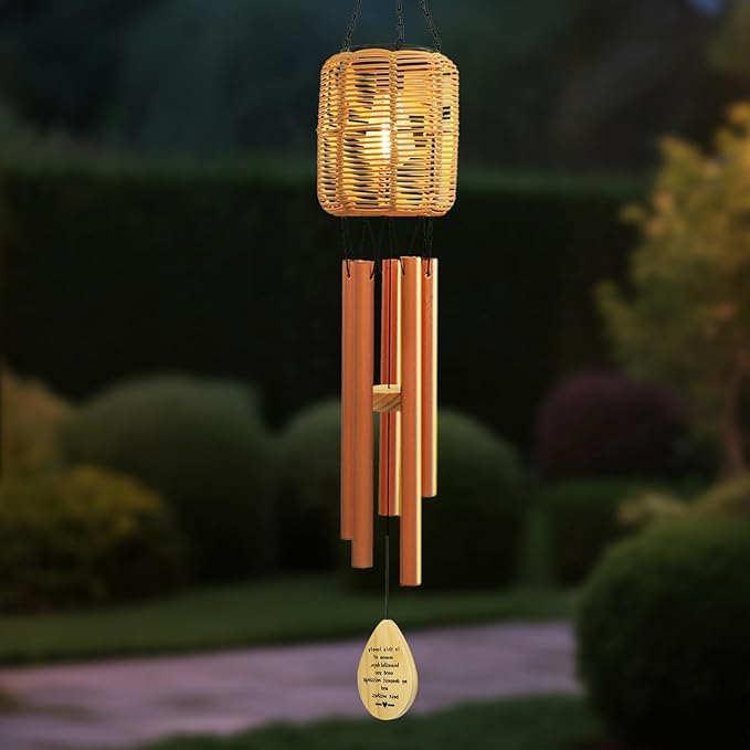 Solar Wind Chimes with Rattan Lantern Outside Lighted Wind Chime for Garden, Patio, Yard – Decor for Festivals/Birthday/Christmas, fot Women Men Home Garden Patio Decor