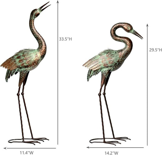 Shorayn Garden Crane Statues, Blue Heron Sculptures for Outdoor, Cranes Decor Metal Bird, Patina Garden Art Lawn Ornaments for Yard Patio Porch Outside Decorations