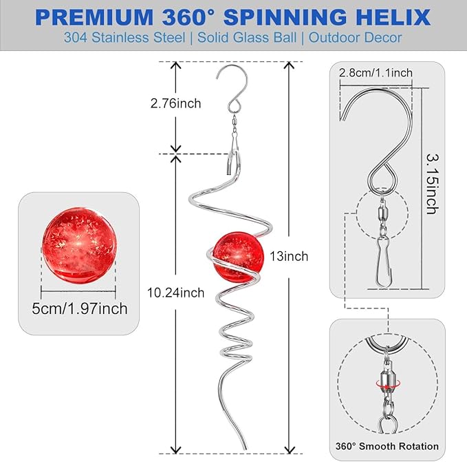 Gazing Ball Spiral Tail Spinfinity Wind Spinner, 13 Inch Stainless Steel with Hanging 360° Swivel Hook, Red Crystal Glass Orb Captivating Visual Illusion Spinning for Garden Yard Patio Decor Gift