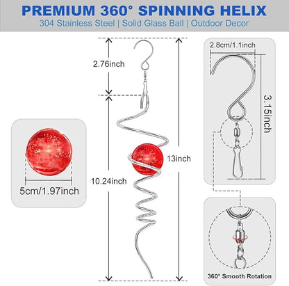 Gazing Ball Spiral Tail Spinfinity Wind Spinner, 13 Inch Stainless Steel with Hanging 360° Swivel Hook, Red Crystal Glass Orb Captivating Visual Illusion Spinning for Garden Yard Patio Decor Gift