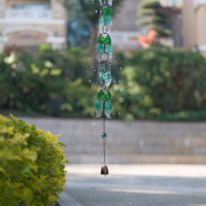 dreamysoul Rain Chains for Outside, 7.87FT Adjustable Green Glass Leaf Rain Chain, Rain Catcher Chains for Gutters Downspout, Eaves, Drainage