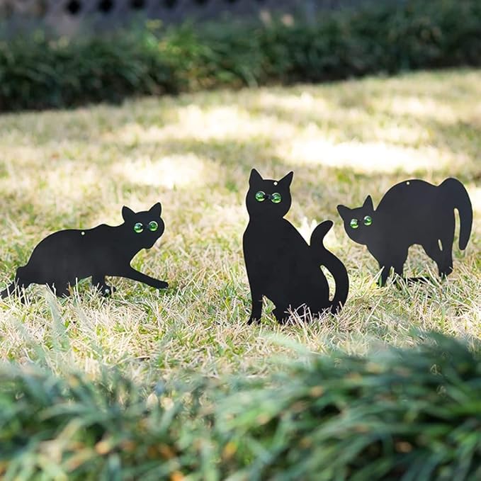 Garden Field Scarer Cats Set, Cat Silhouette Gardening Cat with Marble Eyes Mice Control Bird Decor 3PCS, Cats Set with Green Marble Eyes