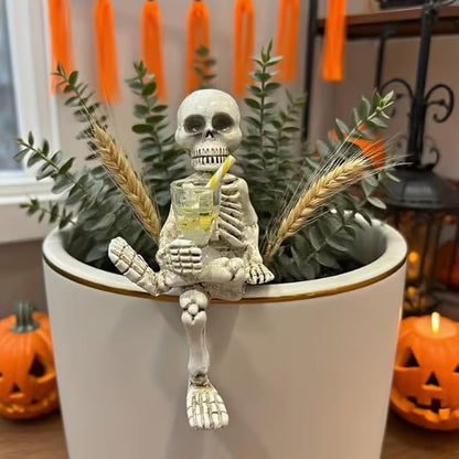 Halloween Skeleton Flowerpot Decoration, Weather Resistant Resin Garden Statue (Yellow Cup)