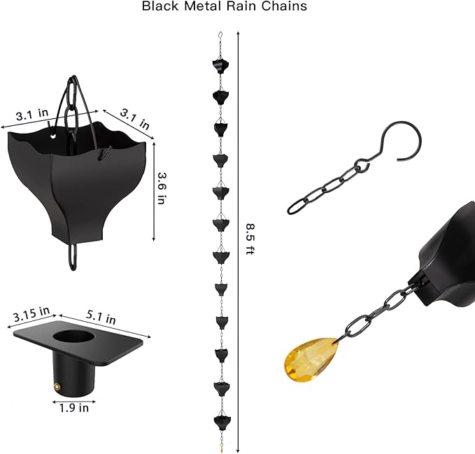 Rifachua 8.5ft Black Rain Chain for Gutters Downspouts Outside, Rain Chains Black Cups Barrel, Functional and Decorative Replacement for Gutter Downspouts
