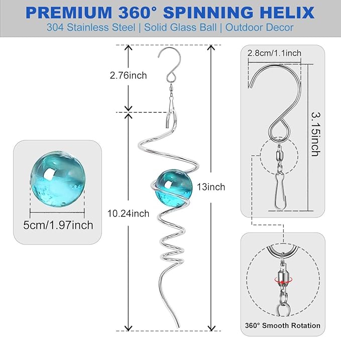 Gazing Ball Spiral Tail Spinfinity Wind Spinner, 13 Inch Stainless Steel with 360° Swivel Hook Hanging, Blue Crystal Glass Orb Captivating Visual Illusion Spinning for Garden Yard Patio Decor Gift
