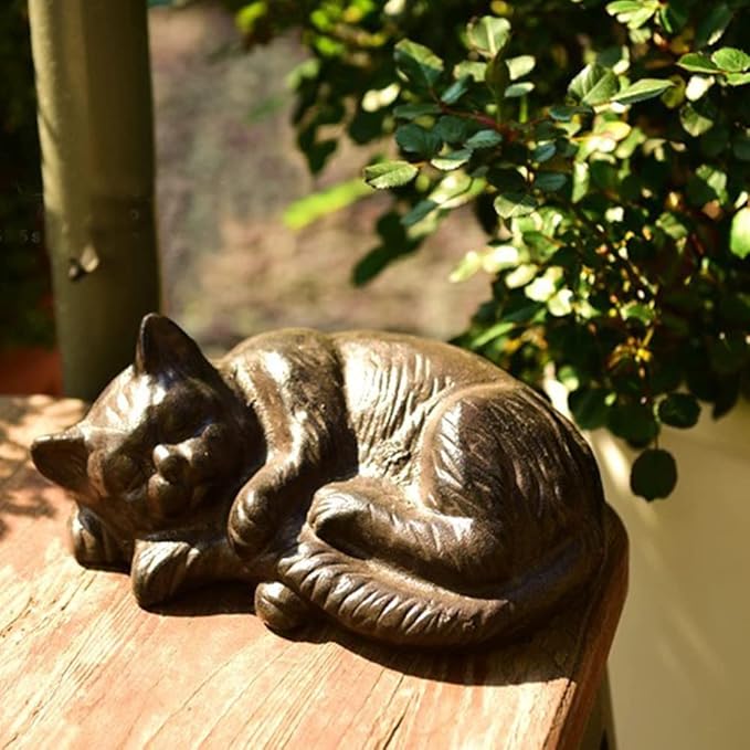 Cast Iron Sleeping Cat Statue Figurine Animal Decor,Heavy Duty Decoration Ornaments for Home Garden,Black
