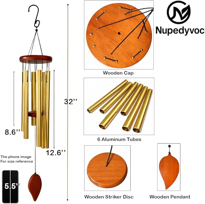 32” Large Golden Aluminum Wind Chimes with Brown Wooden Cap for Outside, Deep Tone Outdoor Garden Patio Weather Resistant Metal Decor, Ideal Gift for Birthday, Mother's Day, Meditation, Relaxation