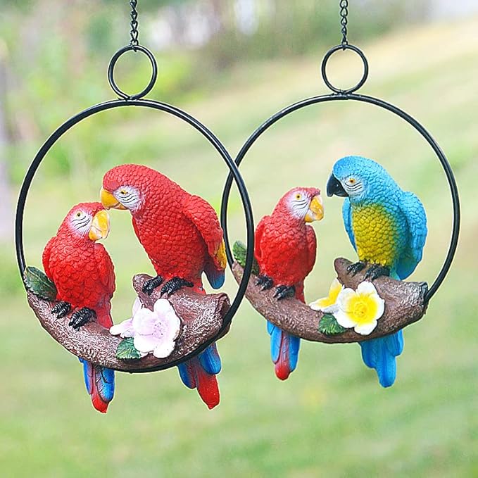 Mini Garden Statues Hanging Iron Ring Parrots, Resin Parrot Hanging Statue, Hanging Birds Figurine for Pathways Yard Patio Office Home Indoor Outdoor Tree Decorations (B-1)
